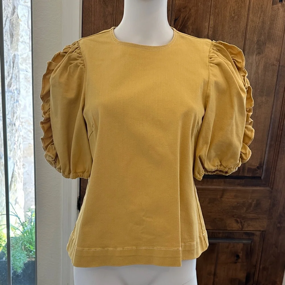 Ulla Johnson Mustard Puff-Sleeve Crewneck Top Size 6